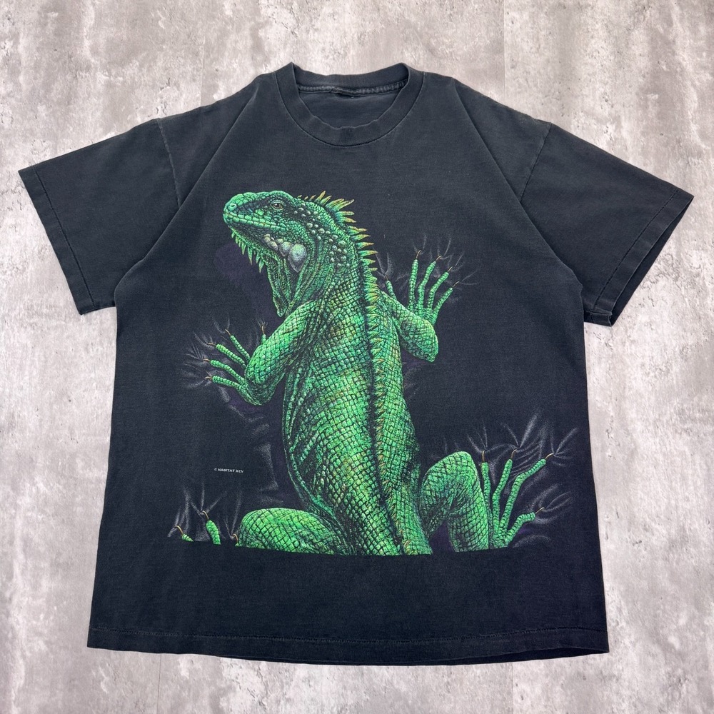 Vintage Iguana T-Shirt Mens XL Black Single Stitch Wrap Around Shadow Habitat